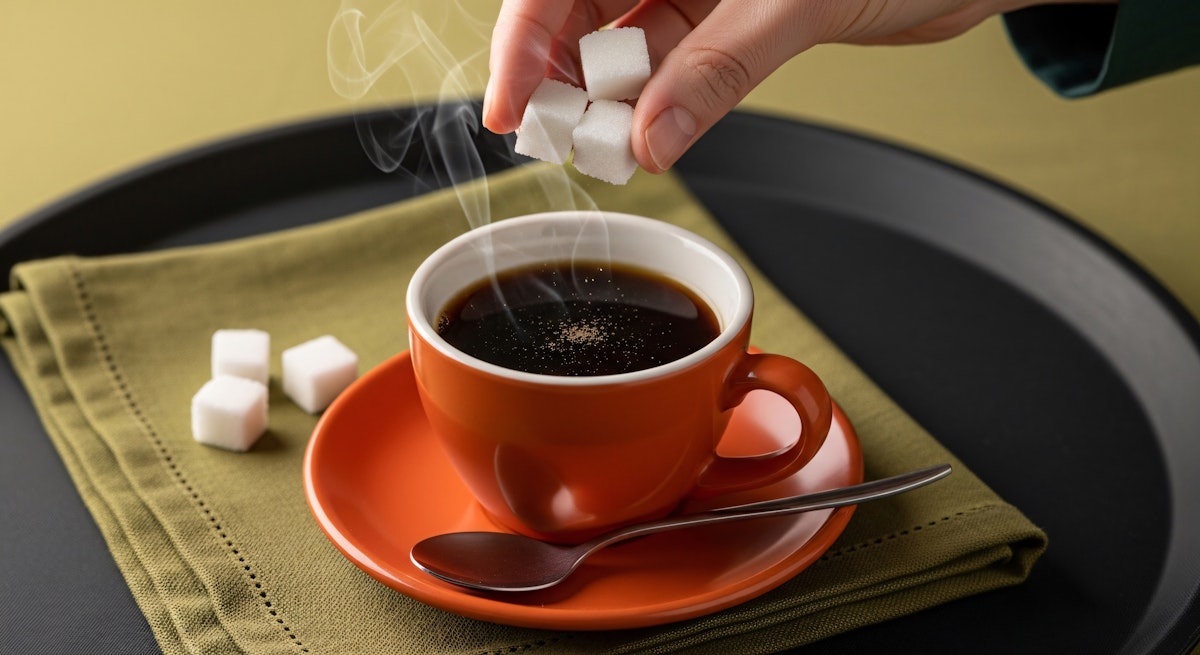 Adding sugar to steaming coffee