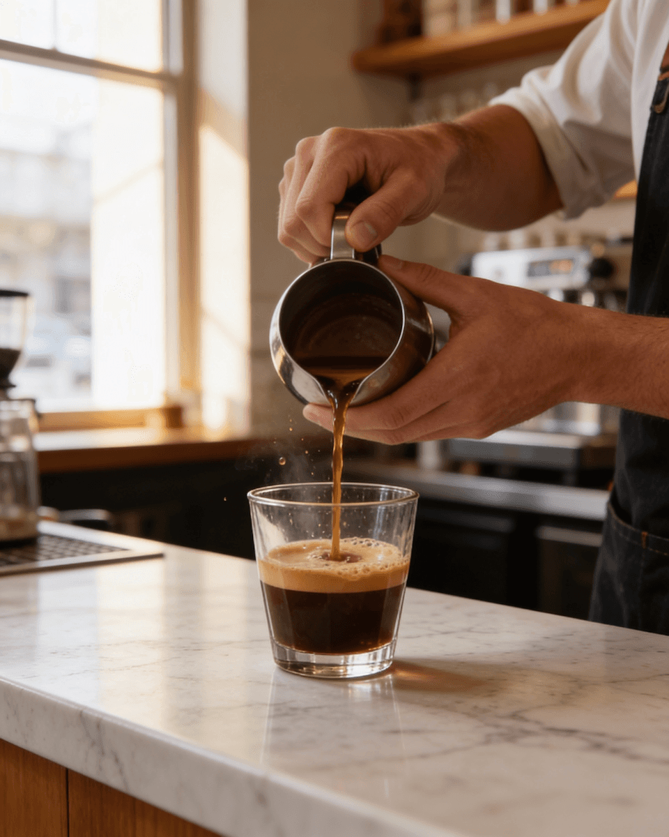 Barista pouring fresh espresso