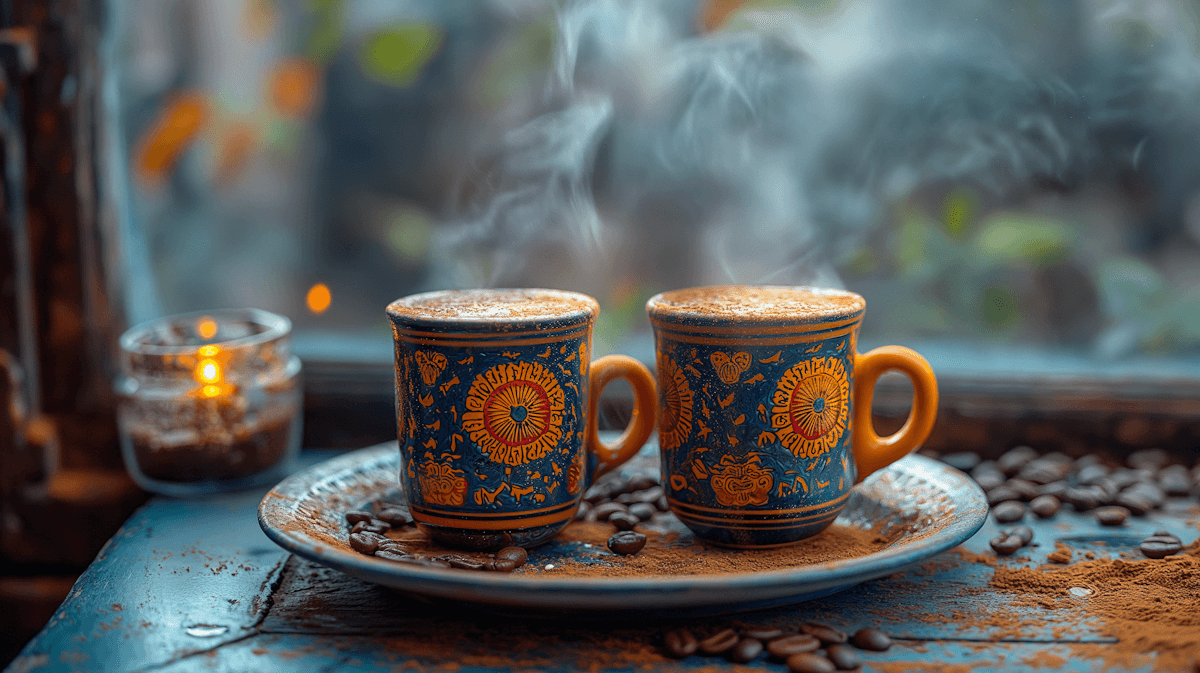 Two steaming decorative coffee cups