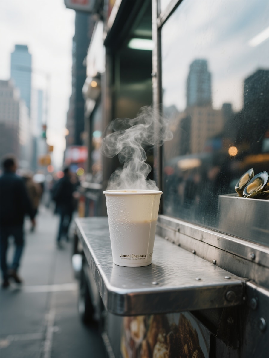 Steaming coffee cup in city