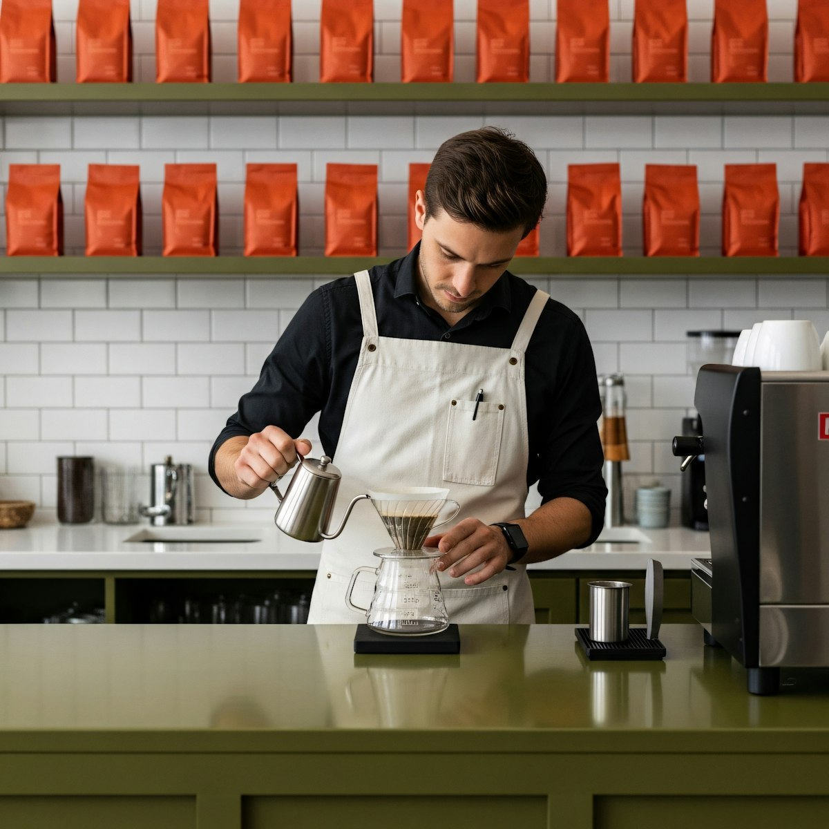 Barista brewing pour-over coffee