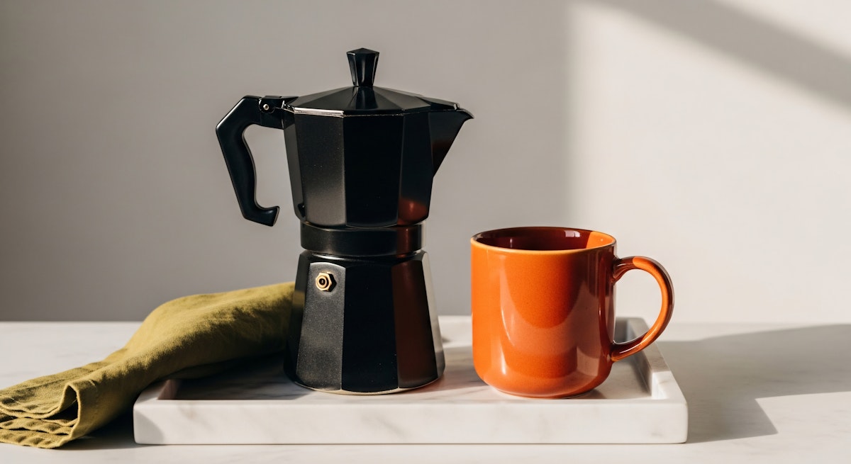 Moka pot and orange mug