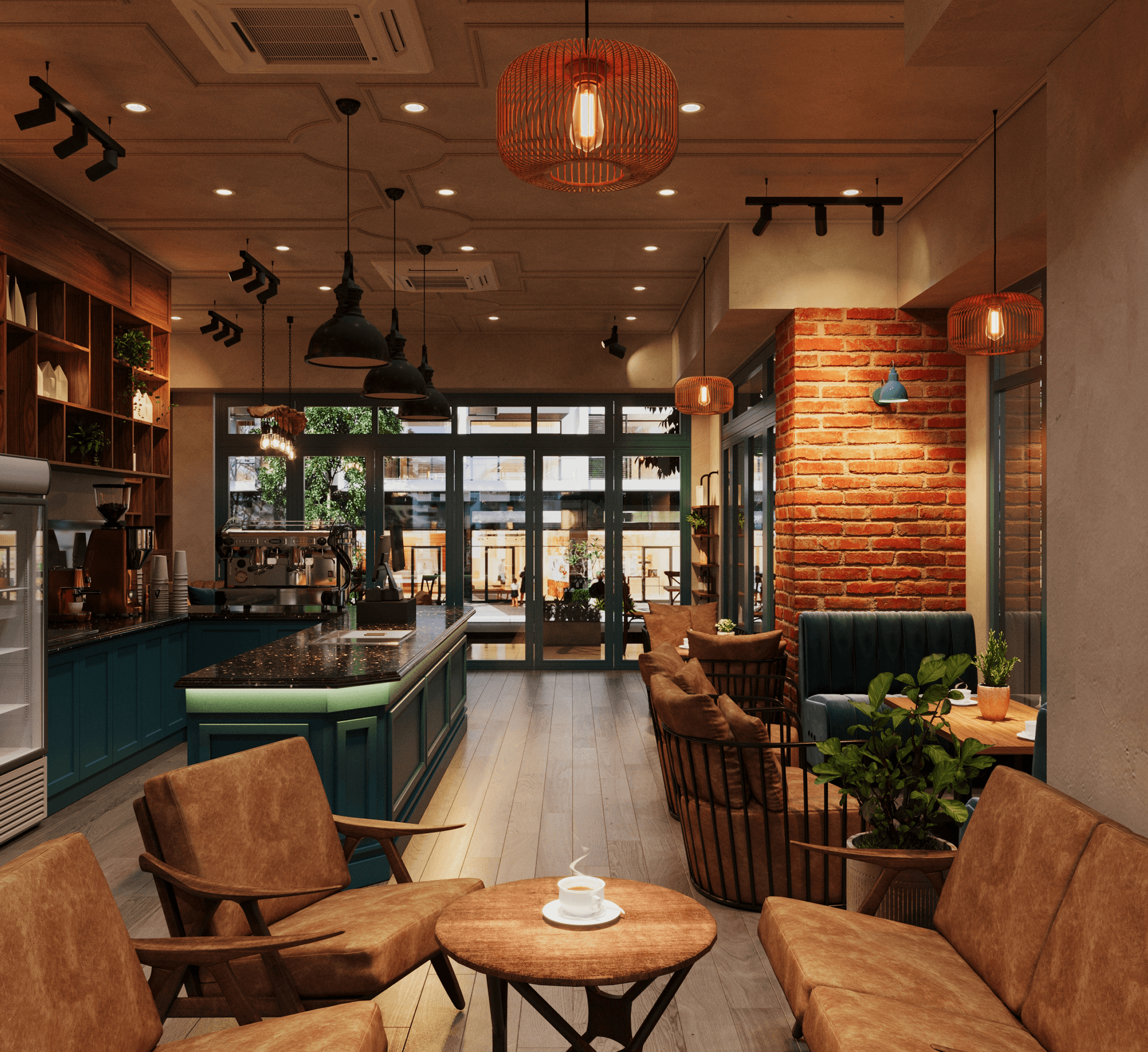 Modern industrial cafe seating area