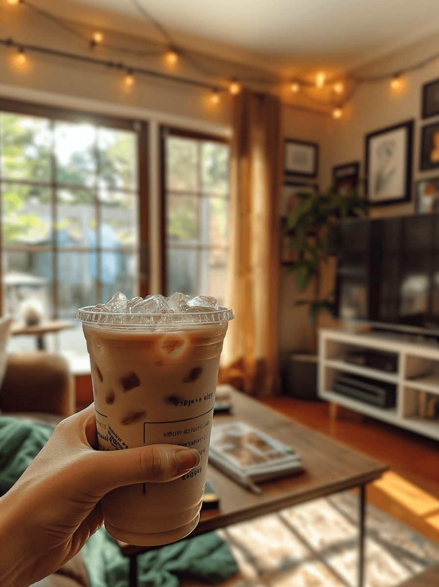 Iced coffee in cozy room